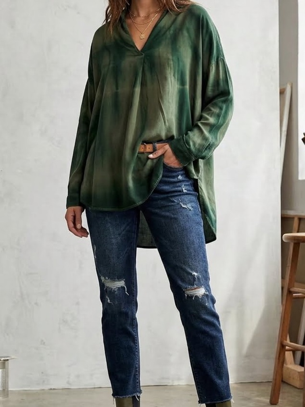 White Birch Oversized Green Tie Dye Tunic Top Size Small
